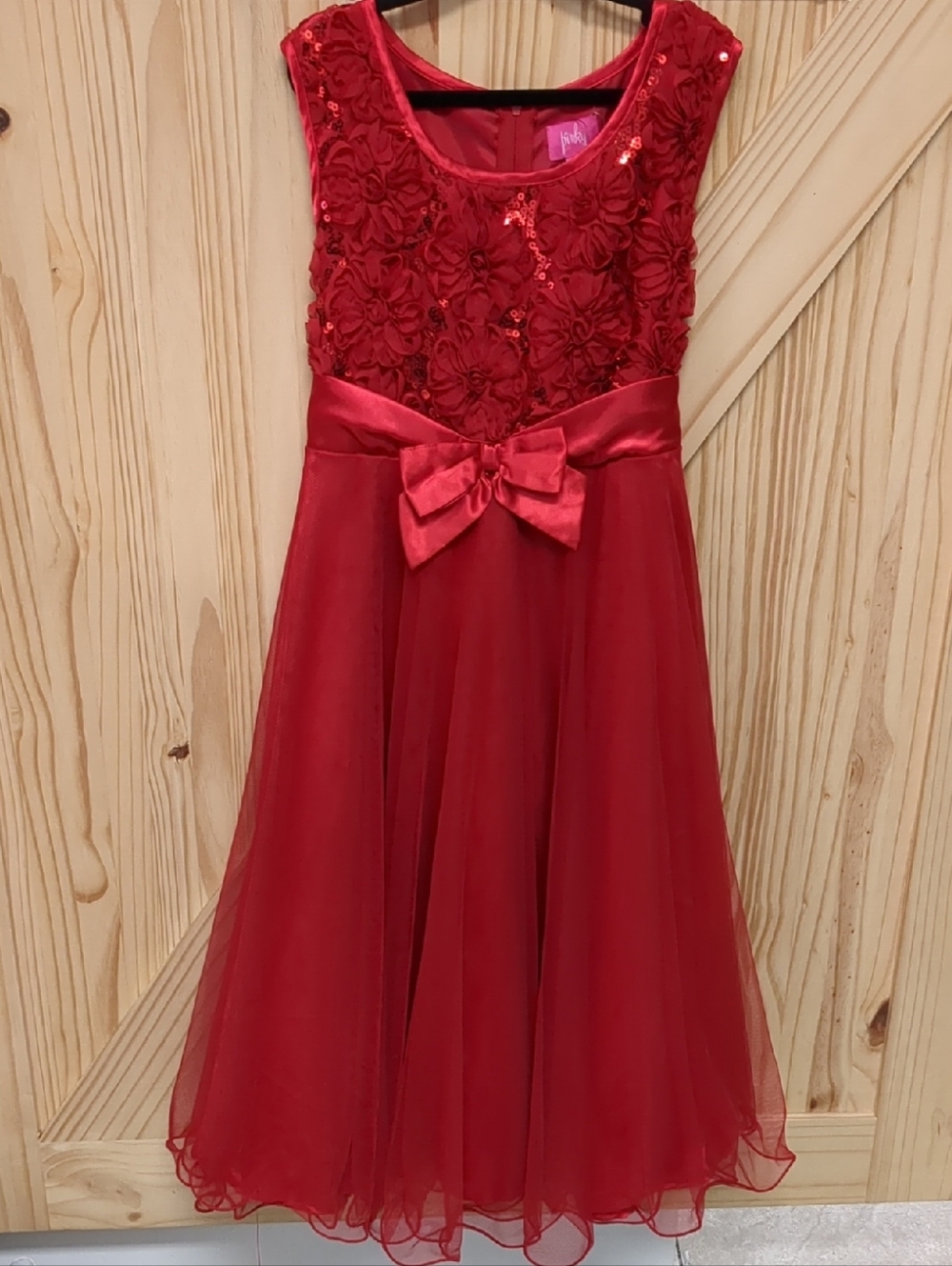 Pinky Red Sequin Bow Formal Dress